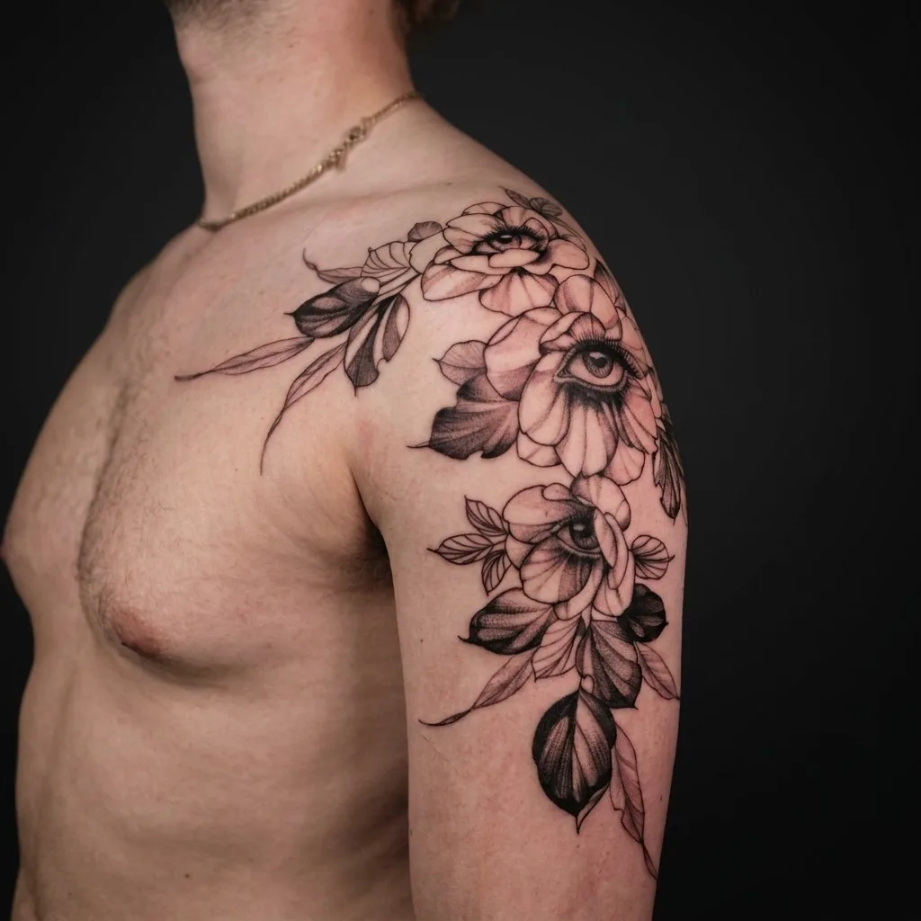 Blomster og linework · Upper arm · 35 cm · 1 økter