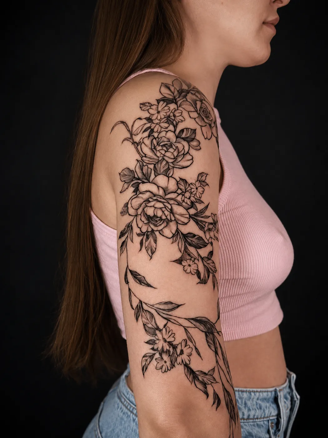 Blomster og linework · Upper arm · > A4 · 2 økter