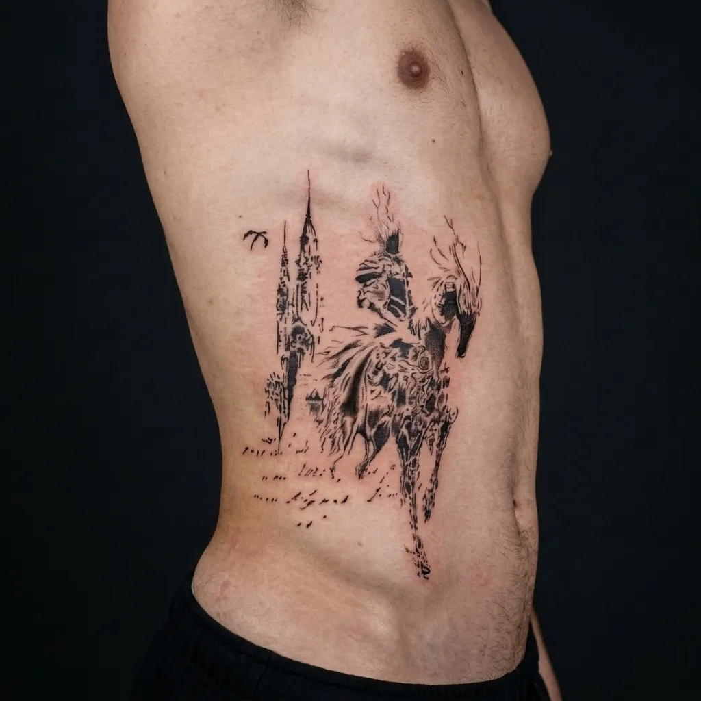Blackwork & script · Side torso · ≈ A4 · 1 økter