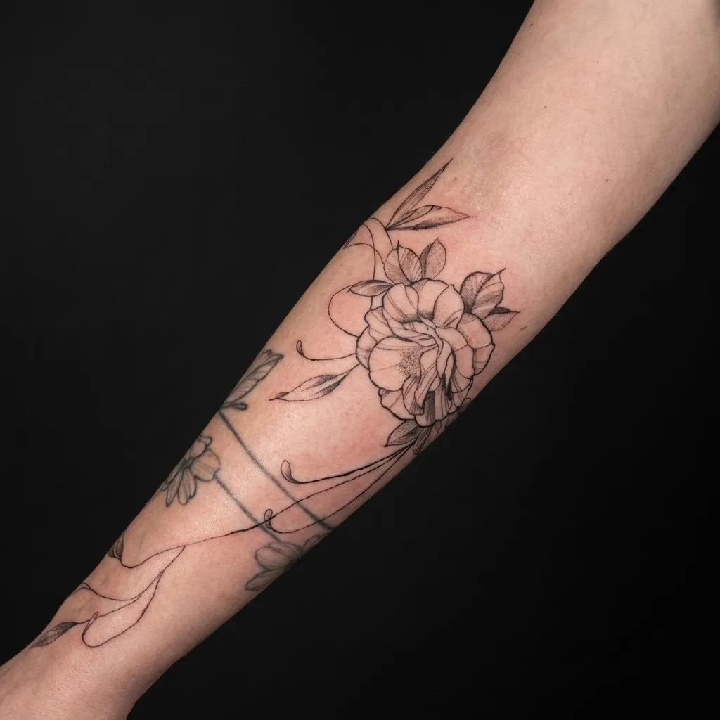 Blomster og linework · Arm · ≈ 20 cm · 1 økter