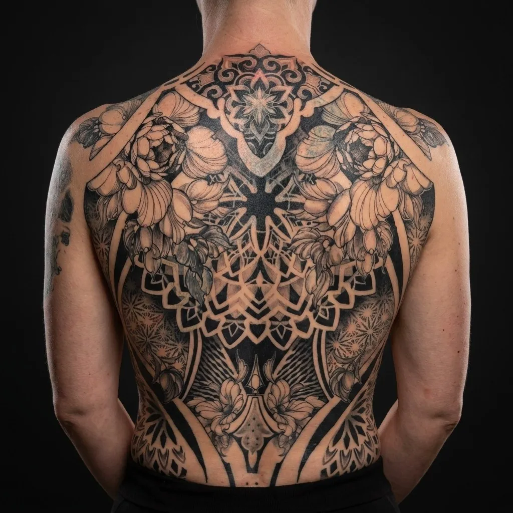 Blackwork & script / Grodd & cover-ups · Full back · cover-up · 8 økter · Grodd