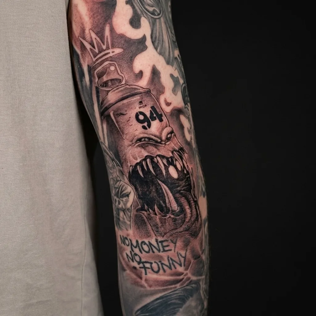 Black & grey-realisme · Upper arm · 25 × 10 cm · 1 økter