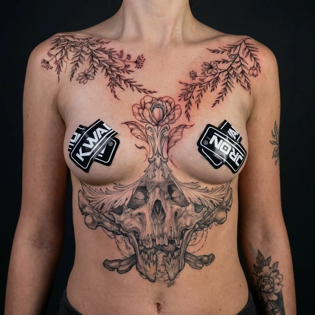 Grafisk / Blomster og linework · Chest & stomach · 90 × 50 cm · 1 økter
