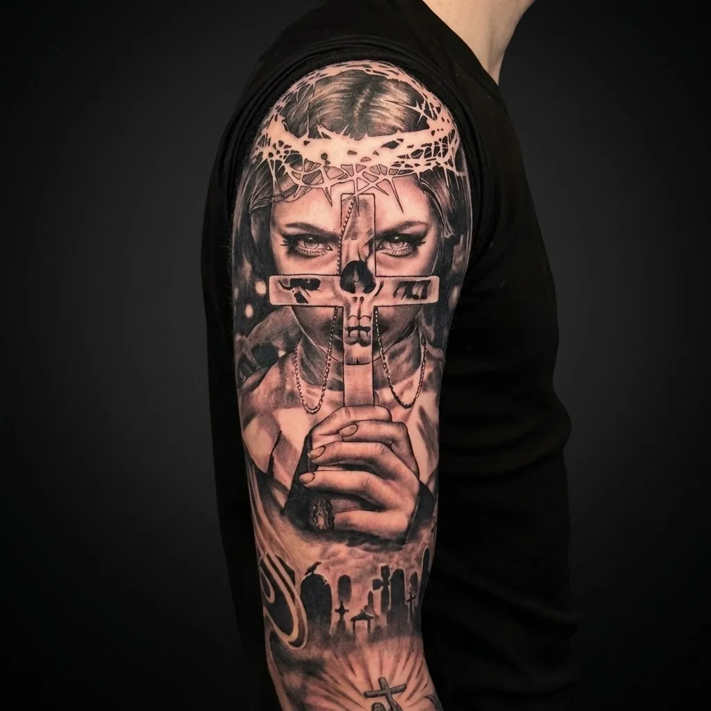 Black & grey-realisme · Upper arm · 45 × 20 cm · 1 økter