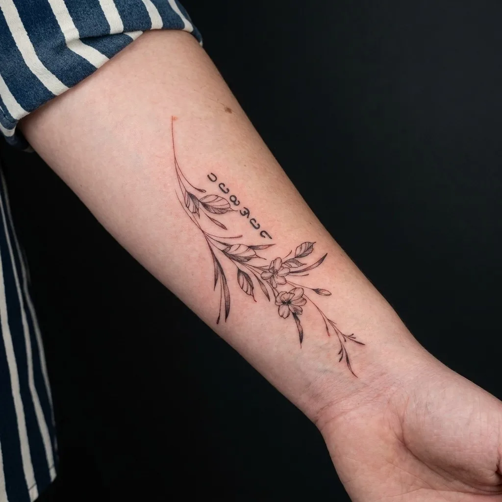 Blomster og linework / Fineline · Forearm · 15 × 7 cm · 1 økter