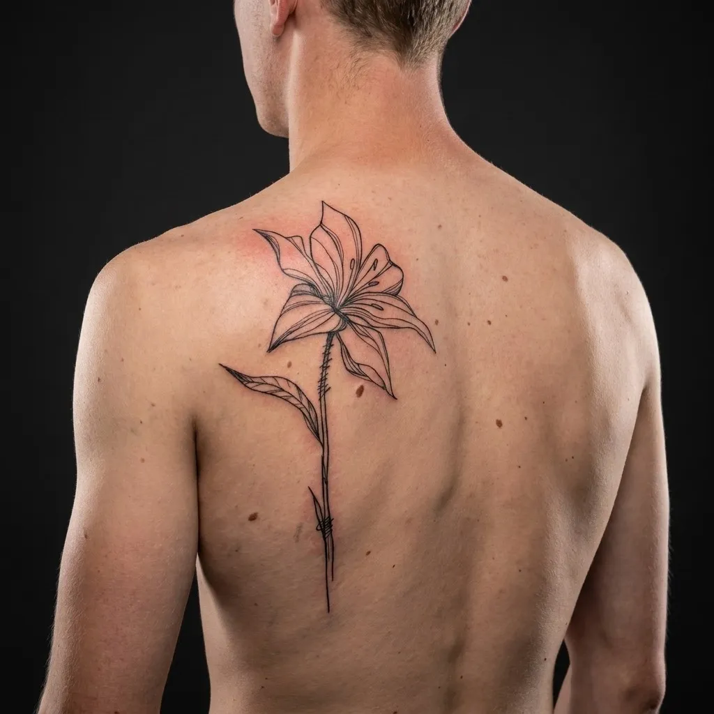 Blomster og linework · Upper back · ≈ 25 cm · 1 økter
